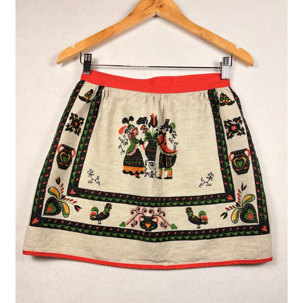 Vintage Scandinavian Folk Art Half Apron Linen Rooster Heart Red Trim Retro